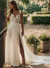 Long A-line Chiffon Wedding Dress With Split Front