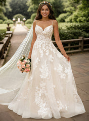 Long A-line V Neck Tulle Backless Wedding Dresses With Appliques Lace