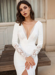 Elegant Long Sleeves V-neck Lace Satin Wedding Dress With Front Split