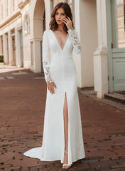 Elegant Long Sleeves V-neck Lace Satin Wedding Dress With Front Split