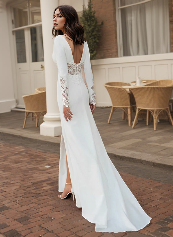 Elegant Long Sleeves V-neck Lace Satin Wedding Dress With Front Split