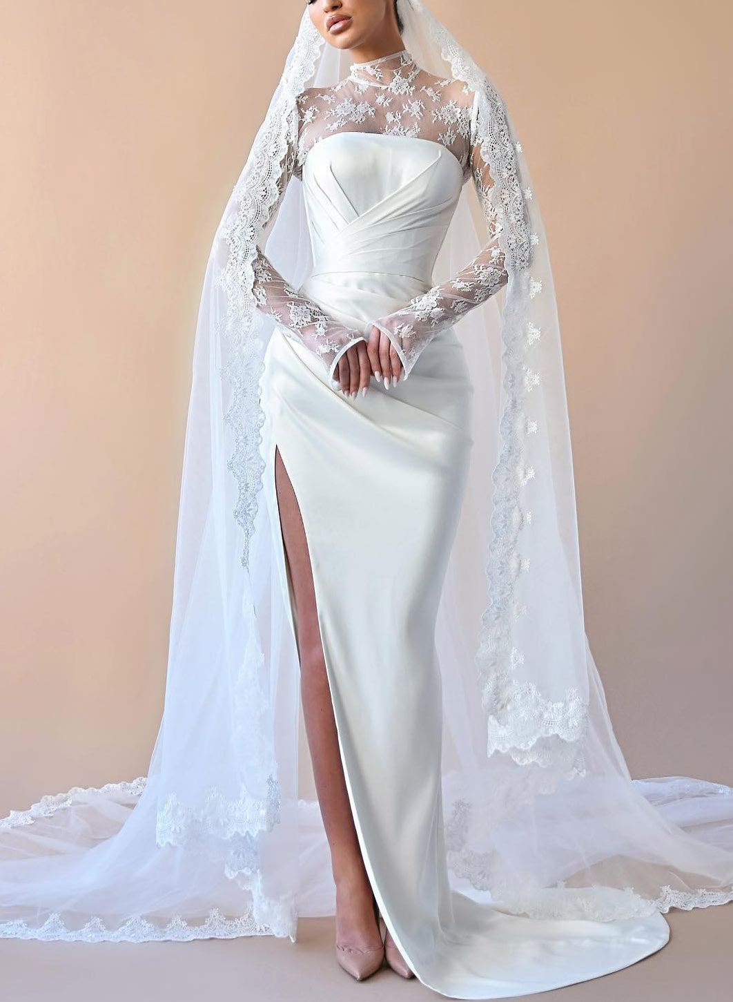 Long Sleeves Mermaid High Neck Satin Lace Wedding Dresses with Slit