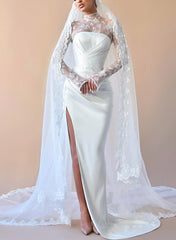 Long Sleeves Mermaid High Neck Satin Lace Wedding Dresses with Slit