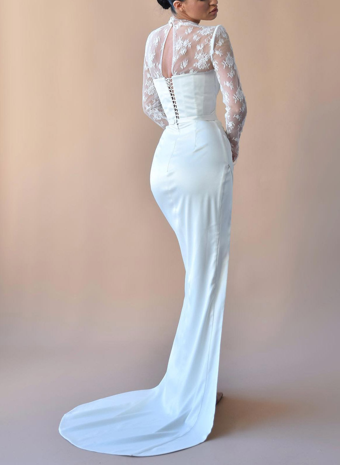 Long Sleeves Mermaid High Neck Satin Lace Wedding Dresses with Slit