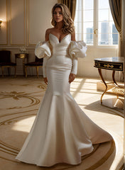 Elegant Long Sleeves Mermaid Sweetheart Court Train Satin Wedding Dresses