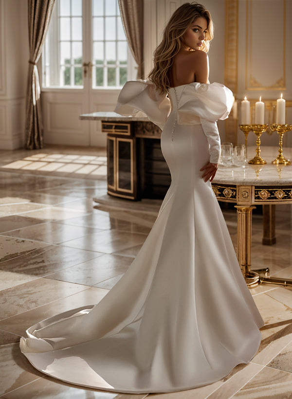 Elegant Long Sleeves Mermaid Sweetheart Court Train Satin Wedding Dresses