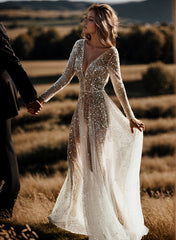 Sequin V-Neck Long Sleeves Boho Wedding Dress with Sweep Train