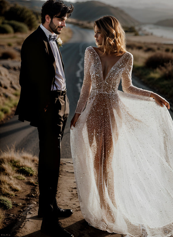 Sequin V-Neck Long Sleeves Boho Wedding Dress with Sweep Train