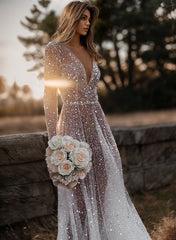 Sequin V-Neck Long Sleeves Boho Wedding Dress with Sweep Train