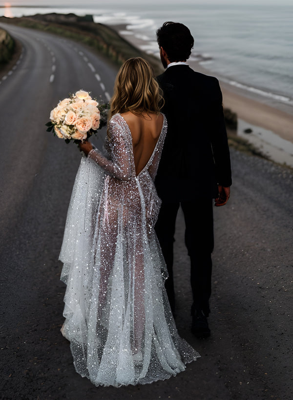 Sequin V-Neck Long Sleeves Boho Wedding Dress with Sweep Train