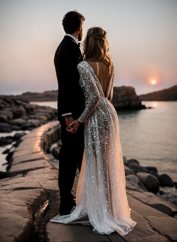 Sequin V-Neck Long Sleeves Boho Wedding Dress with Sweep Train