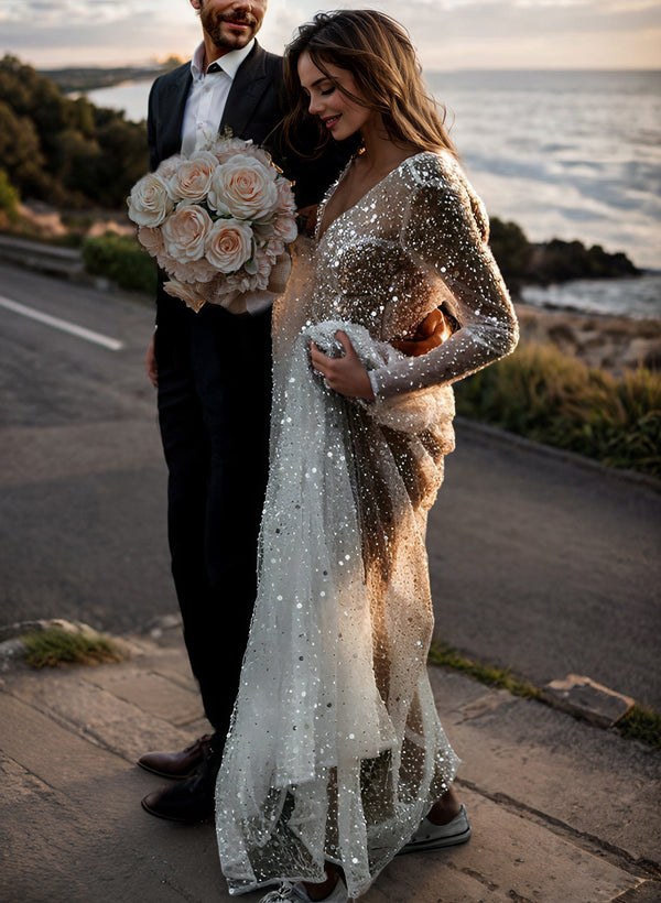 Sequin V-Neck Long Sleeves Boho Wedding Dress with Sweep Train