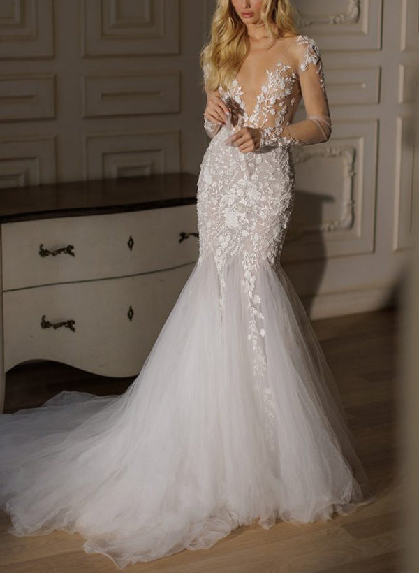 Long Sleeves Mermaid V-neck Tulle Lace Wedding Dress