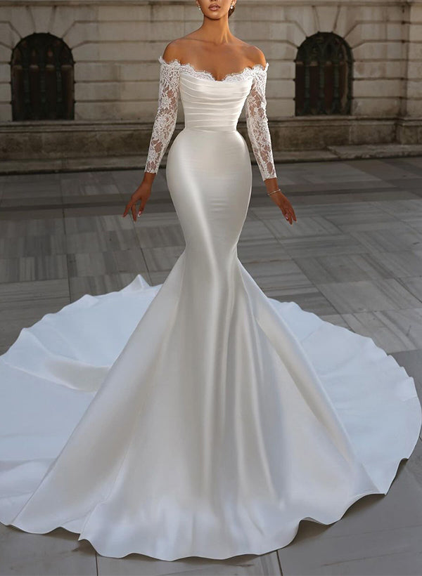 Long Sleeves Mermaid Strapless Satin Wedding Dresses With Appliques Lace