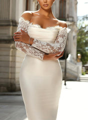 Long Sleeves Mermaid Strapless Satin Wedding Dresses With Appliques Lace