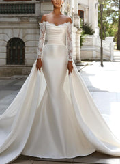 Long Sleeves Mermaid Strapless Satin Wedding Dresses With Appliques Lace