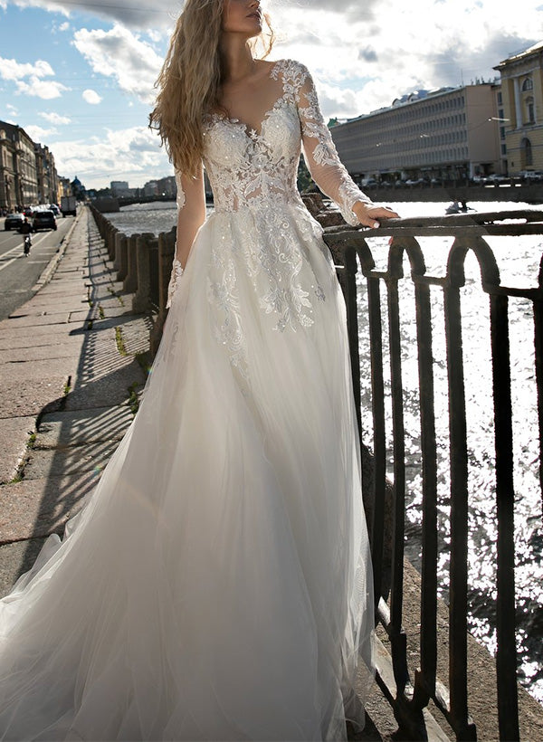 Elegant Long Sleeves A-Line Sweep Train Lace Tulle Wedding Dresses