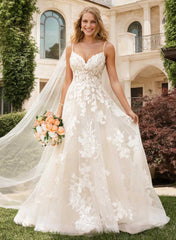 Long A-line V Neck Tulle Backless Wedding Dresses With Appliques Lace