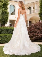 Long A-line V Neck Tulle Backless Wedding Dresses With Appliques Lace