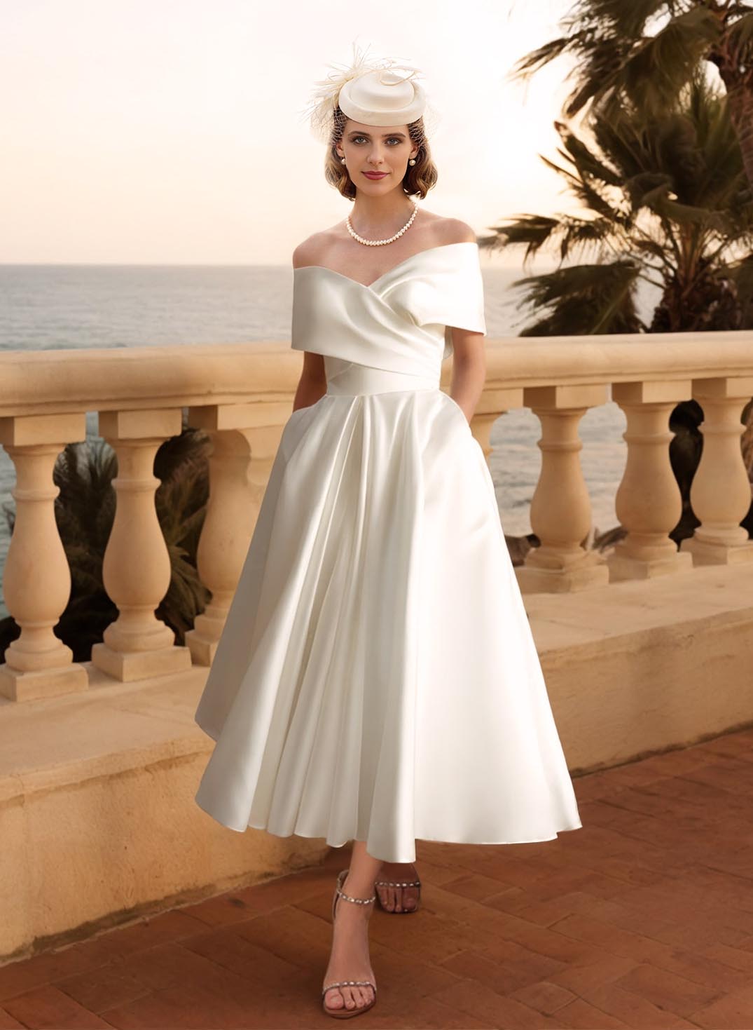 Short A-line Off The Shoulder Sleeveless Satin Tea-Length Wedding Dress with Pockets