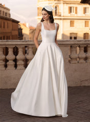 Long A-line Sleeveless Satin Square Neckline Open Back Wedding Dress with Pockets