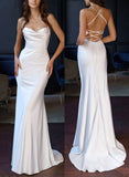 Long Mermaid Cowl Neck Sleeveless Sweep Train Open Back Wedding Dress