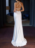 Long Mermaid Cowl Neck Sleeveless Sweep Train Open Back Wedding Dress