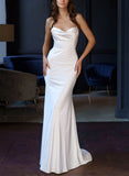 Long Mermaid Cowl Neck Sleeveless Sweep Train Open Back Wedding Dress