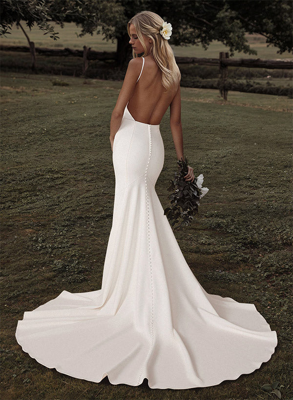 Long Open Back Mermaid Satin Lace Backless Wedding Dresses