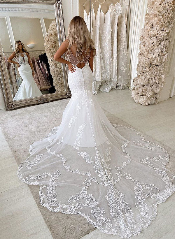 Vintage Long Mermaid Backless Scoop Neck Lace Wedding Dress