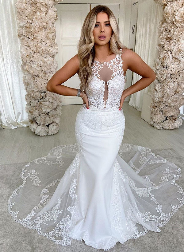 Vintage Long Mermaid Backless Scoop Neck Lace Wedding Dress