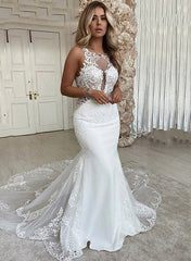 Vintage Long Mermaid Backless Scoop Neck Lace Wedding Dress