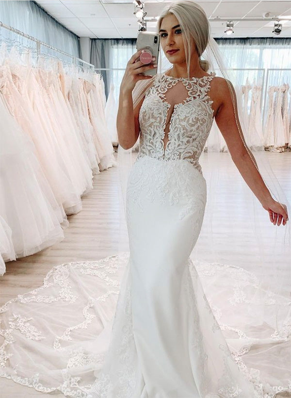 Vintage Long Mermaid Backless Scoop Neck Lace Wedding Dress