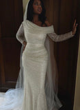 Long Sleeves Mermaid One Shoulder Sequin Wedding Dress with Sleeves