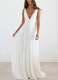 Long A-Line V-Neck Sleeveless Floor Length Chiffon Wedding Dresses