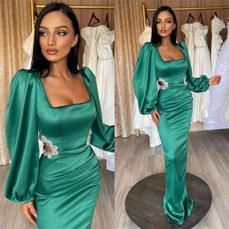 Gorgeous Green Long Evening Dress Prom Dress Long Sleeves Square Hollowing Out with Rhinestone