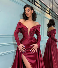 Burgundy Long Sleeves Mermaid Evening Dress