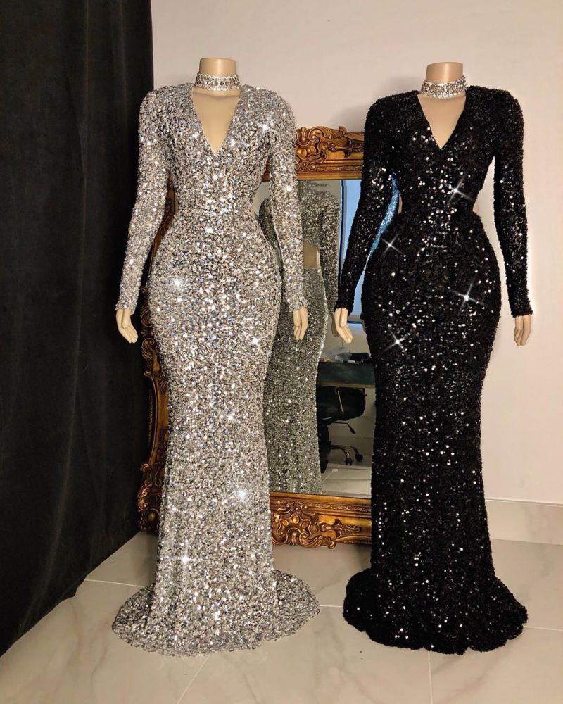 Long Sleeve Sequin Mermaid Evening Dress