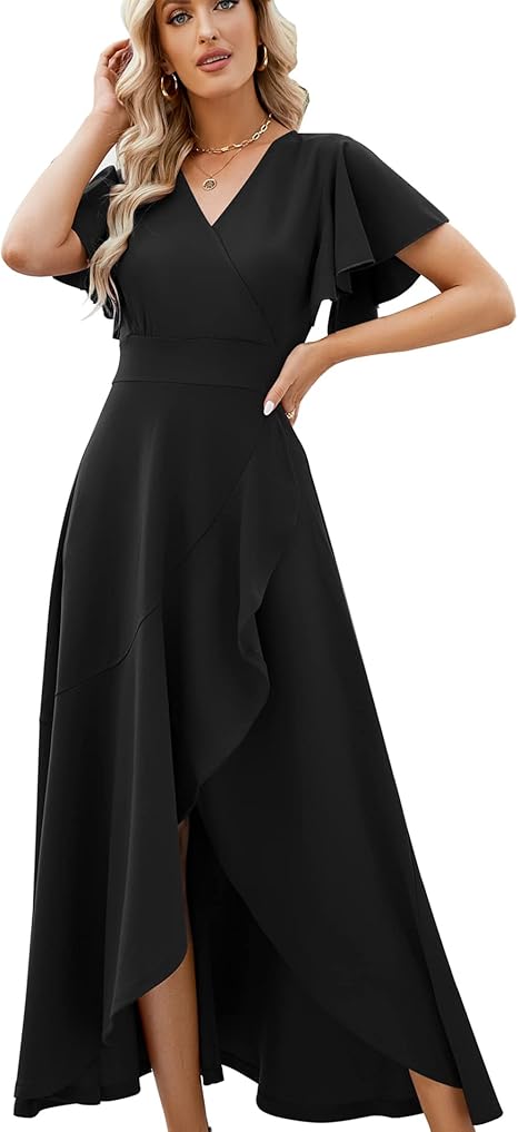 V-Neck Short Butterfly Sleeves Hi-Lo Prom Dress with Split