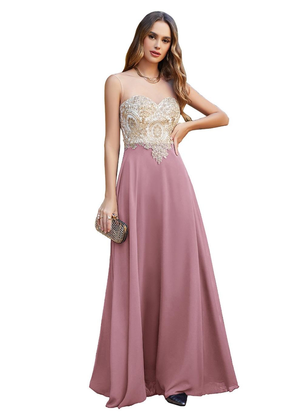 Long A-line Scoop Chiffon Appliques Floor-Length Bridesmaid Dresses