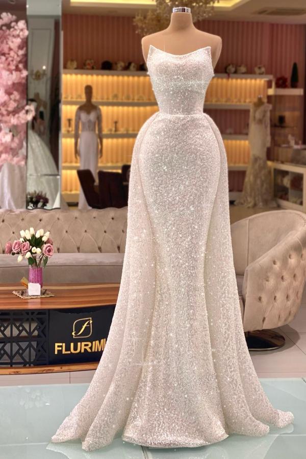 Gorgeous Mermaid Strapless Sequined Long Open Back Prom Dresses with Ruffles