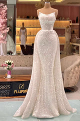 Gorgeous Mermaid Strapless Sequined Long Open Back Prom Dresses with Ruffles