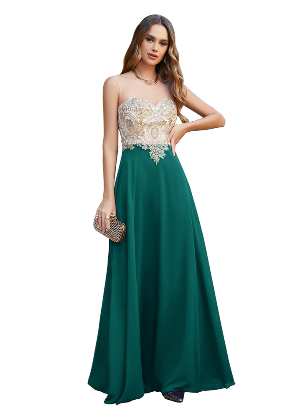 Long A-line Scoop Chiffon Appliques Floor-Length Bridesmaid Dresses