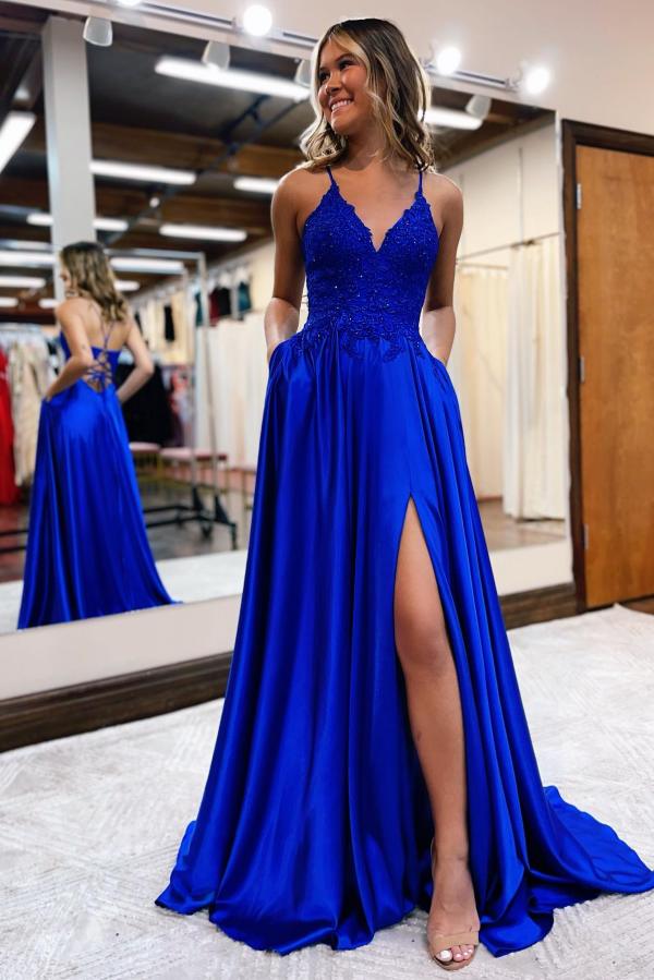 Elegant A-line V-neck Satin Long Split Front Prom Dresses with Appliques Lace