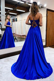 Elegant A-line V-neck Satin Long Split Front Prom Dresses with Appliques Lace