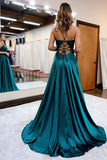 Elegant A-line V-neck Satin Long Split Front Prom Dresses with Appliques Lace