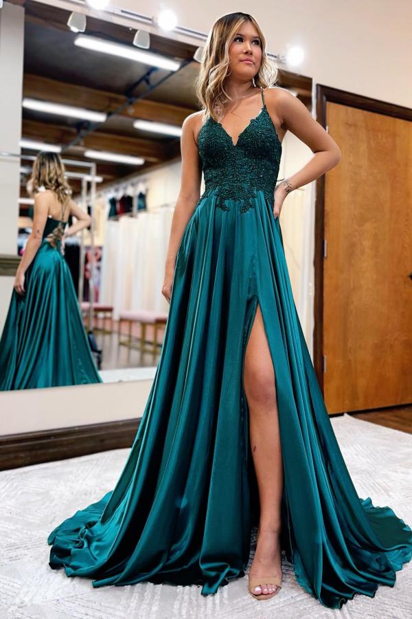 Elegant A-line V-neck Satin Long Split Front Prom Dresses with Appliques Lace