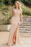 Sheath V-Neck Sleeveless Lace Applique Slit Prom Dress with Sweep Train