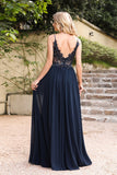 A-Line Spaghetti Sleeveless V-Neck Lace Applique Floor-Length Prom Dress