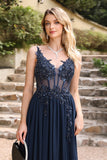 A-Line Spaghetti Sleeveless V-Neck Lace Applique Floor-Length Prom Dress